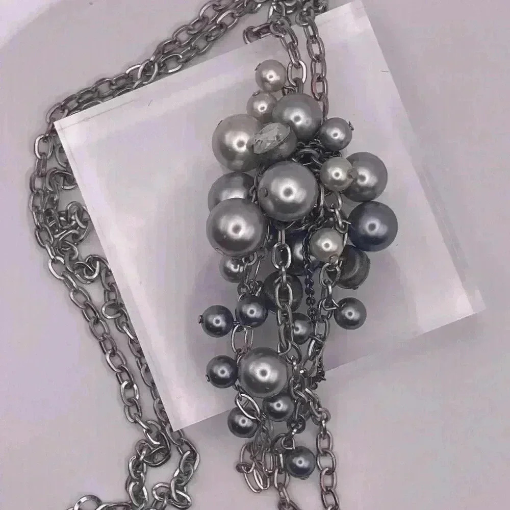 Grey Silver Pearl Long Pendant cluster necklace